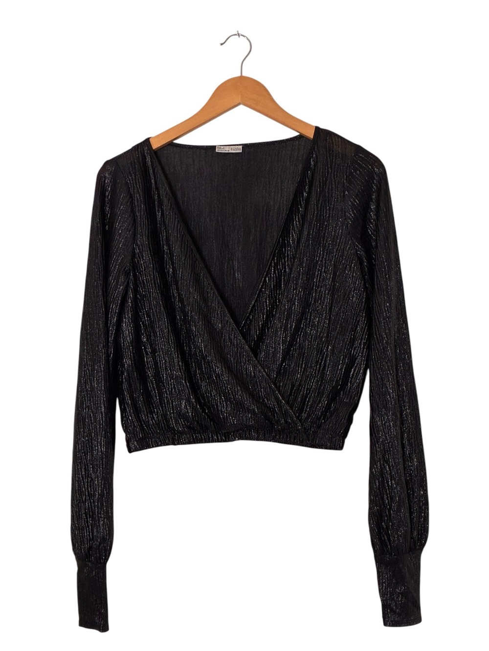 Zara | LIKE NEW Black shimmer long sleeve cropped crossover v-neck blouse large